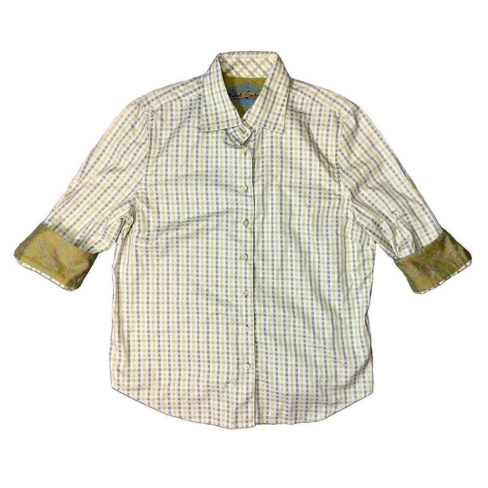 Robert Graham Women's XL Green Plaid Button Up 3/4 Sleeve Flip Cuff Shirt Preppy